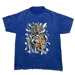 Vintage Forever 21‎ Tiger Rhinestone Large Print Graphic Blue T-Shirt - L